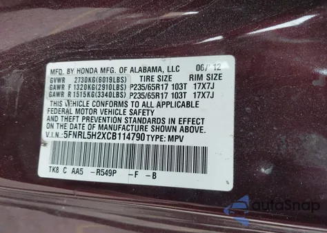 2012 Honda Odyssey Lx z USA, uszkodzony, nr VIN 5FNRL5H2XCB114790
